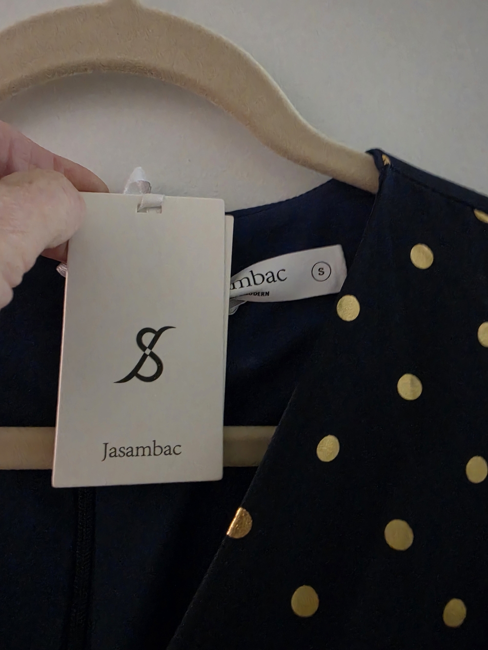 Jasambac Navy High-Low Dress with Gold Polka Dots